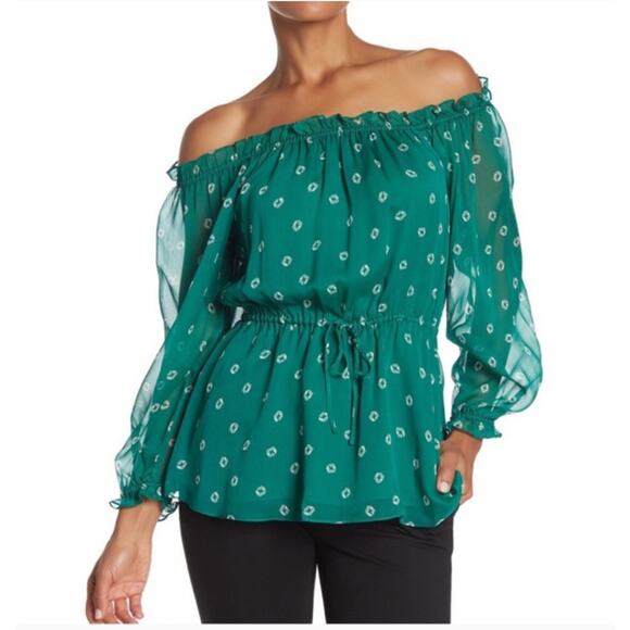 Diane von Furstenberg Camila Top Green Geo Juniper Off the Shoulder Blouse 10 - Picture 1 of 10